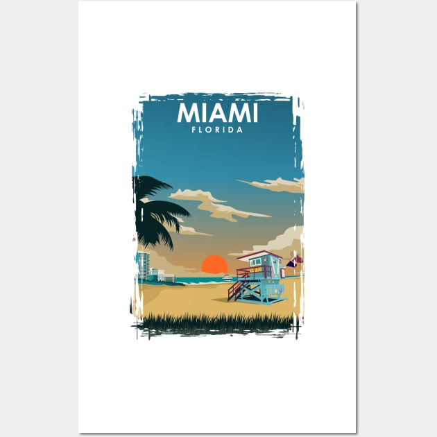 Miami Florida Minimal Vintage Summer Beach Travel Poster Wall Art by jornvanhezik